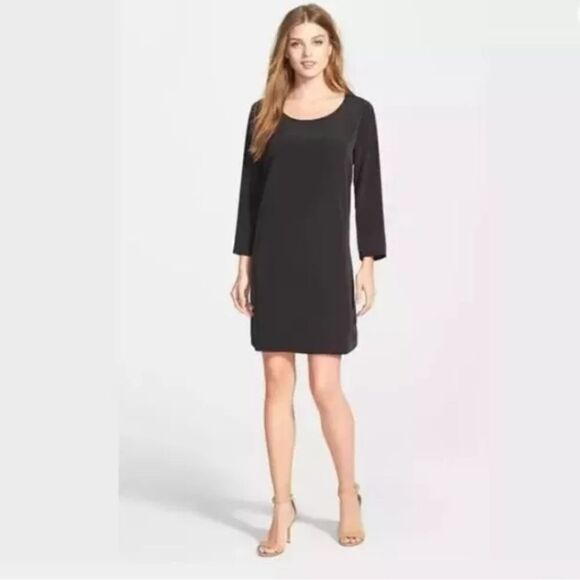 Gibson 3/4 Sleeves Little Black Shift Dress With Keyhole Back - Picture 1 of 6